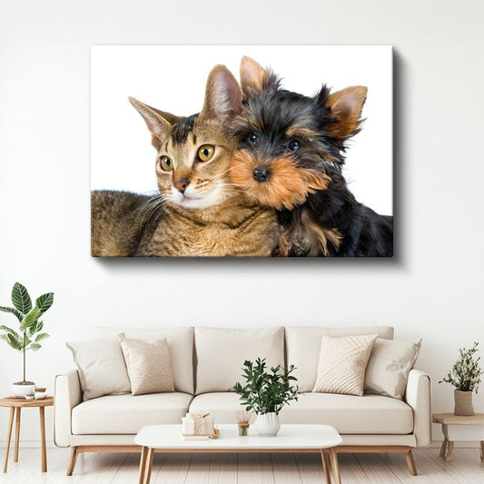 Sıcak Dostluk - Kedi ve Köpek Yavrusu Yan Yana Kanvas Tablo