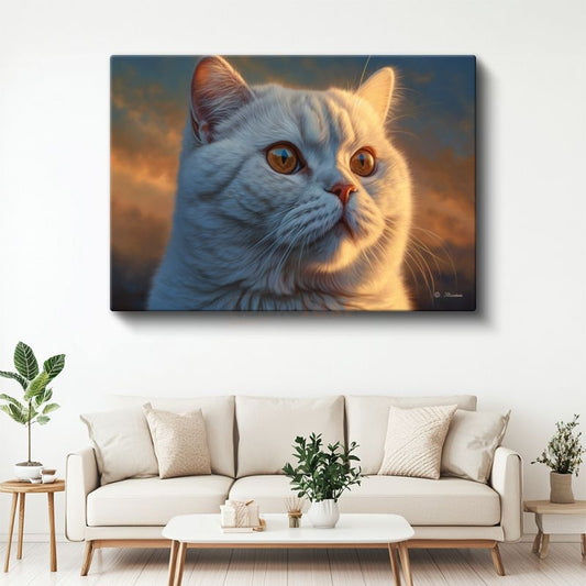 Beyaz Kedi - Akşam Işığında Huzurlu Bakış Kanvas Tablo