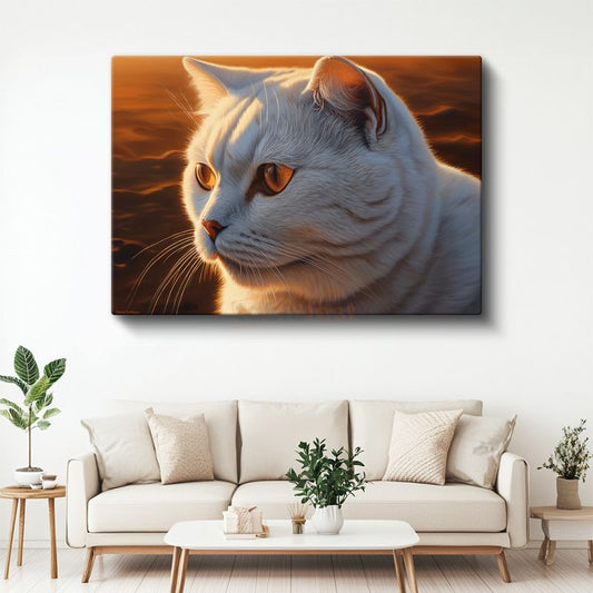 Beyaz Kedi - Gün Batımında Huzurlu Profil Kanvas Tablo