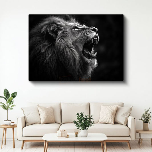 Kükreyen Aslan - Siyah Beyaz Güç Portresi Kanvas Tablo