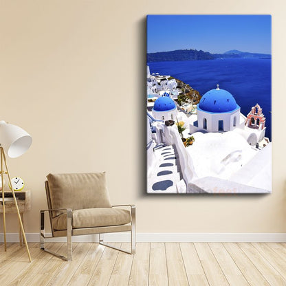 Santorini - Mavi Kubbeli Beyaz Evler Kanvas Tablo