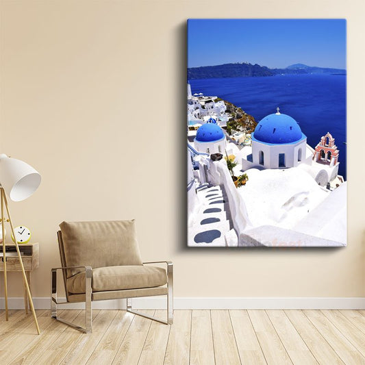 Santorini - Mavi Kubbeli Beyaz Evler Kanvas Tablo