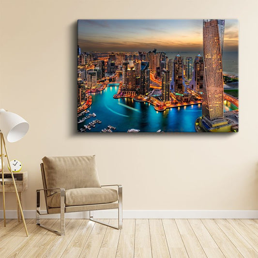 Dubai Marina - Turkuaz Sular ve Işıklı Kuleler Kanvas Tablo