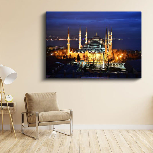 Boğaz Manzaralı Cami - Gece İstanbul Panoraması Kanvas Tablo