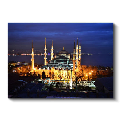 Boğaz Manzaralı Cami - Gece İstanbul Panoraması Kanvas Tablo
