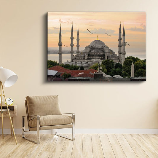 Sultanahmet Camii - Gün Batımında Martılar Kanvas Tablo