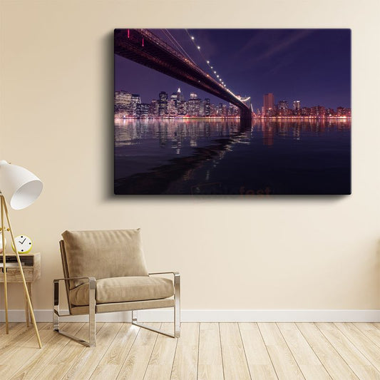 Brooklyn Köprüsü - Gece New York Silüeti Kanvas Tablo