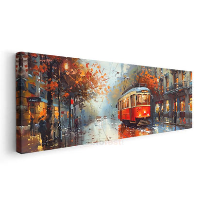 Kırmızı Tramvay - Işıklı Cadde Yansımaları Kanvas Tablo