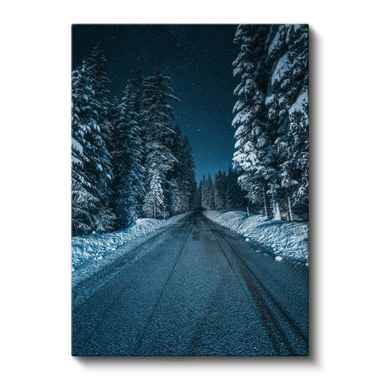 Kış Yolu - Karlı Çam Ağaçları Arasında Gece Manzarası Kanvas Tablo