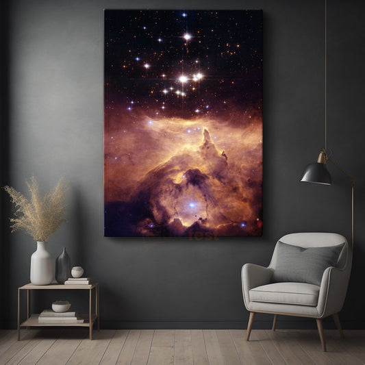 Kozmik Nebula - Yıldızlar ve Turuncu Gaz Bulutlarıyla Dolu Uzay Manzarası Kanvas Tablo