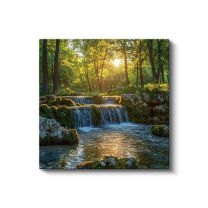 Doğanın Dansı - Güneş Işıltılı Orman Şelalesi Kanvas Tablo