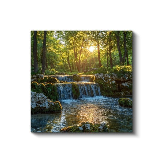 Doğanın Dansı - Güneş Işıltılı Orman Şelalesi Kanvas Tablo