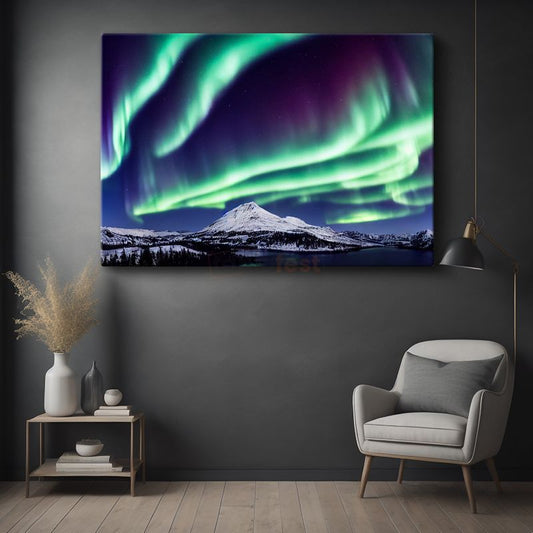 Aurora Borealis - Karlı Dağ Zirvesi Üzerinde Işık Şöleni Kanvas Tablo
