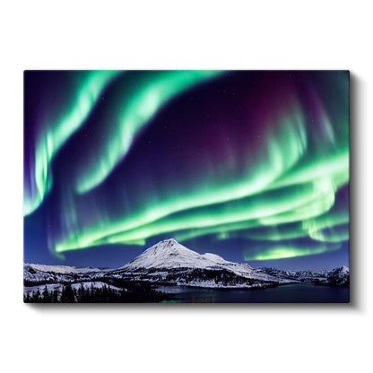 Aurora Borealis - Karlı Dağ Zirvesi Üzerinde Işık Şöleni Kanvas Tablo