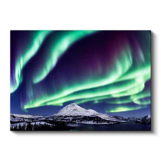 Aurora Borealis - Karlı Dağ Zirvesi Üzerinde Işık Şöleni Kanvas Tablo