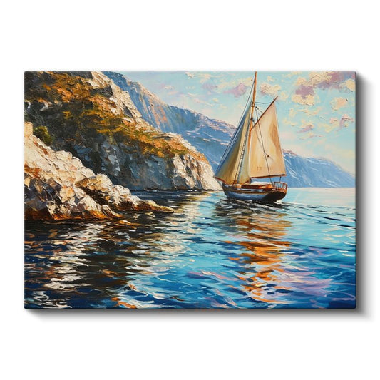 Kayalık Kıyı - Yelkenli Tekne Yolculuğu Kanvas Tablo