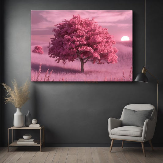 Pembe Ağaç - Gün Batımı Huzuru Kanvas Tablo