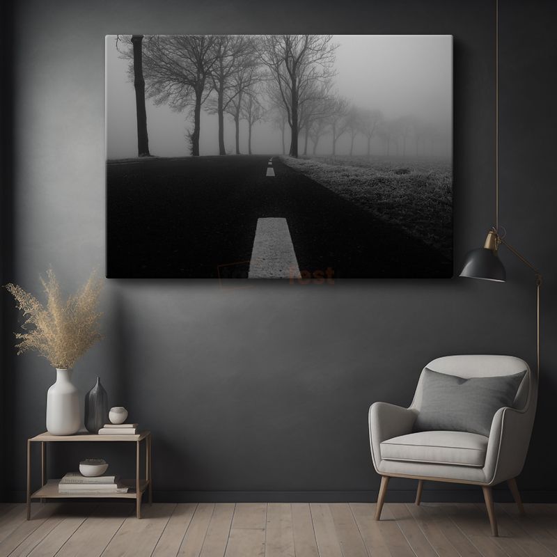 Sisli Yol - Siyah Beyaz Minimalist Doğa Perspektifi Kanvas Tablo