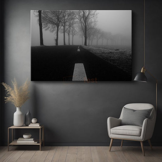 Sisli Yol - Siyah Beyaz Minimalist Doğa Perspektifi Kanvas Tablo