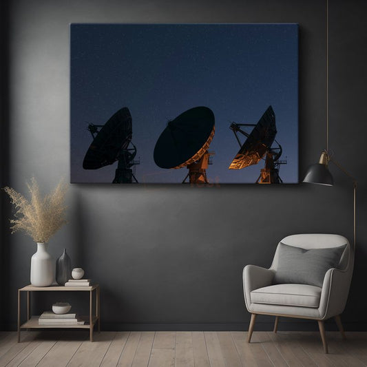 Gece Gökyüzü - Uydu Antenleri Silüeti Kanvas Tablo