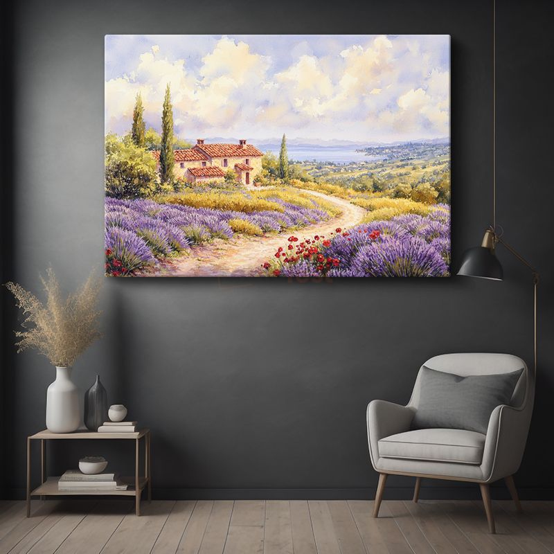 Lavanta Bahçesi - Kır Evi ve Çiçekli Patika Kanvas Tablo