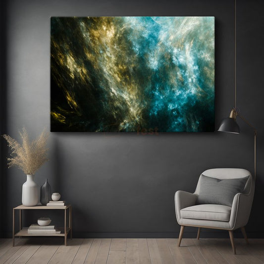 Kozmik Bulut - Altın ve Turkuaz Nebula Detayları Kanvas Tablo