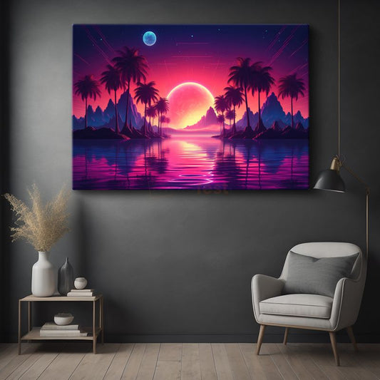 Neon Cennet - Retrowave Tarzı Gün Batımı Manzarası Kanvas Tablo