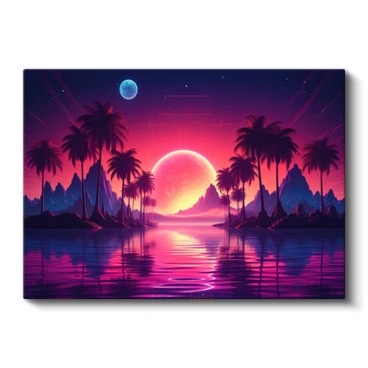 Neon Cennet - Retrowave Tarzı Gün Batımı Manzarası Kanvas Tablo