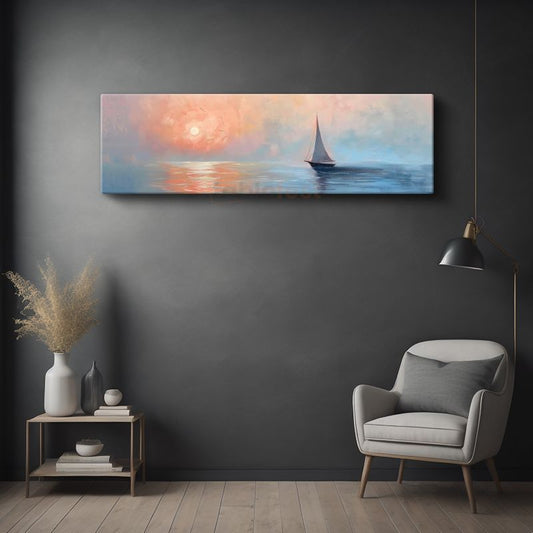 Yalnız Yelkenli - Pastel Renkli Deniz Manzarası Kanvas Tablo