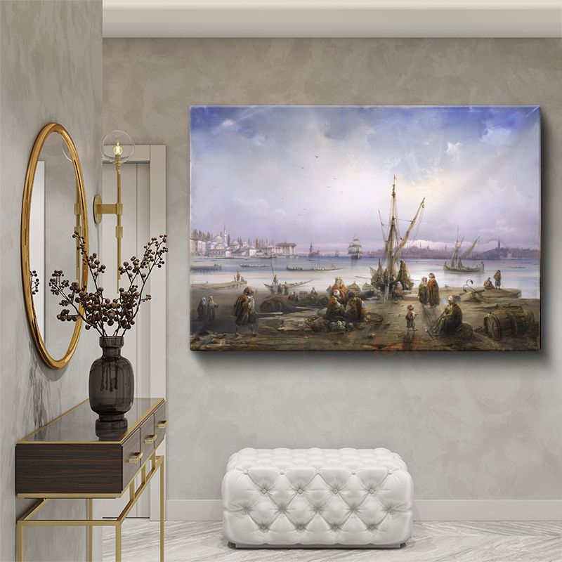 İstanbul Kıyıları - Balıkçılar ve Deniz Manzarası Kanvas Tablo
