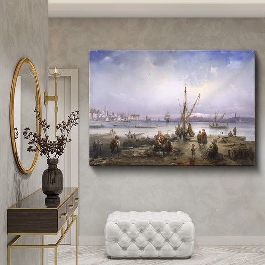 İstanbul Kıyıları - Balıkçılar ve Deniz Manzarası Kanvas Tablo