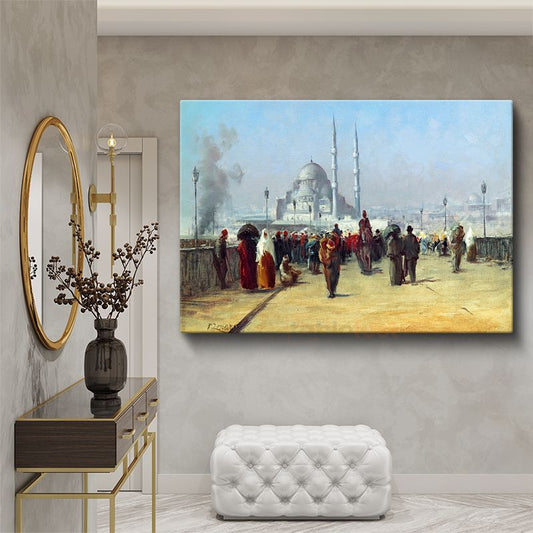 İstanbul Manzarası - Cami Önünde Kalabalık Kanvas Tablo