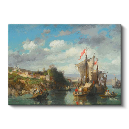 Fausto Zonaro - Osmanlı Kıyılarında Tekneler Kanvas Tablo