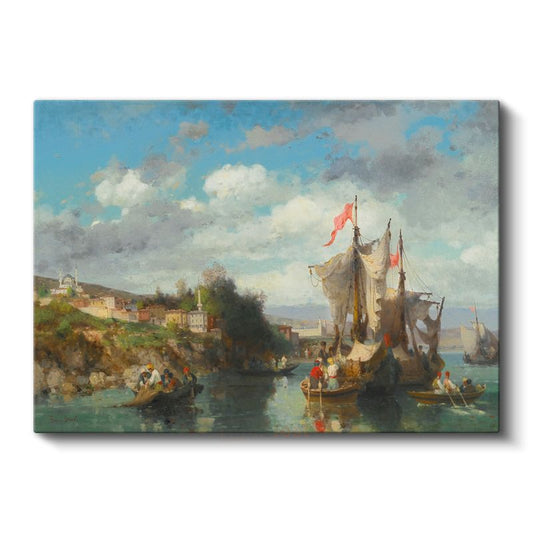 Fausto Zonaro - Osmanlı Kıyılarında Tekneler Kanvas Tablo