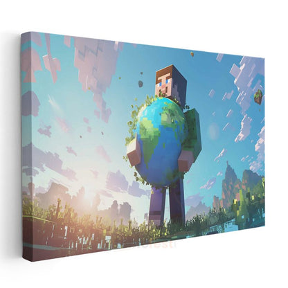 Minecraft - Dünyayı Tutan Steve Kanvas Tablo