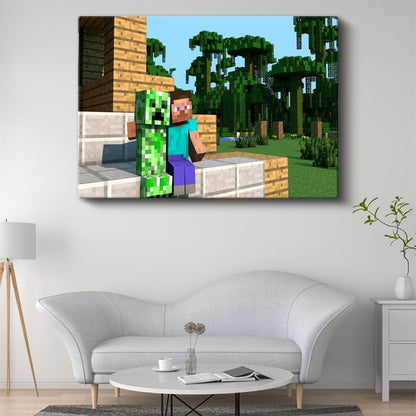 Minecraft - Steve ve Creeper Dostluğu Kanvas Tablo