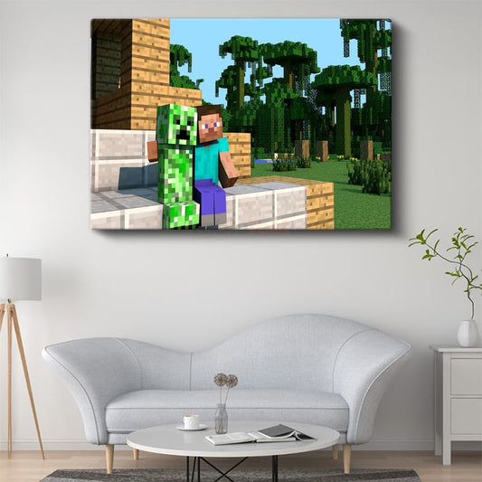 Minecraft - Steve ve Creeper Dostluğu Kanvas Tablo