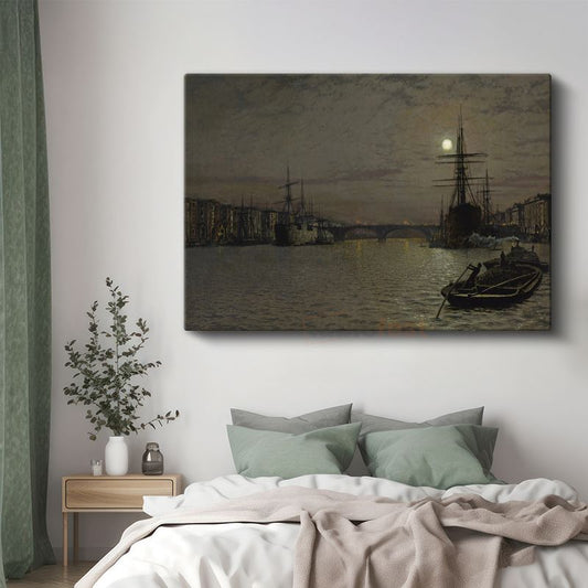John Atkinson Grimshaw - Ay Işığında Liman Kanvas Tablo
