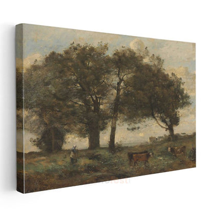Jean-Baptiste-Camille Corot - Ağaçlar ve Çoban Kanvas Tablo