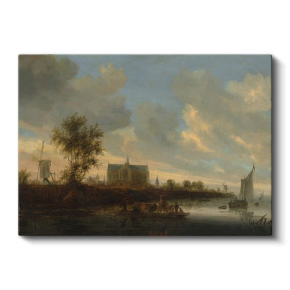 Jan van Goyen - Nehir Kıyısında Kilise Manzarası Kanvas Tablo