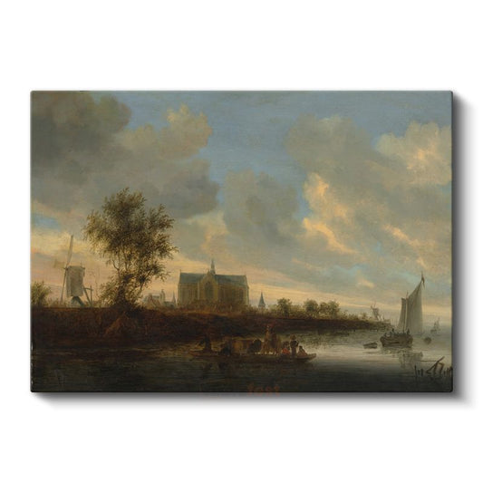 Jan van Goyen - Nehir Kıyısında Kilise Manzarası Kanvas Tablo