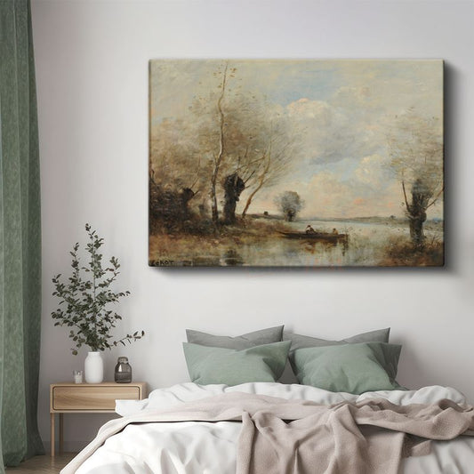 Jean-Baptiste-Camille Corot - Göl Kenarında Tekne Kanvas Tablo