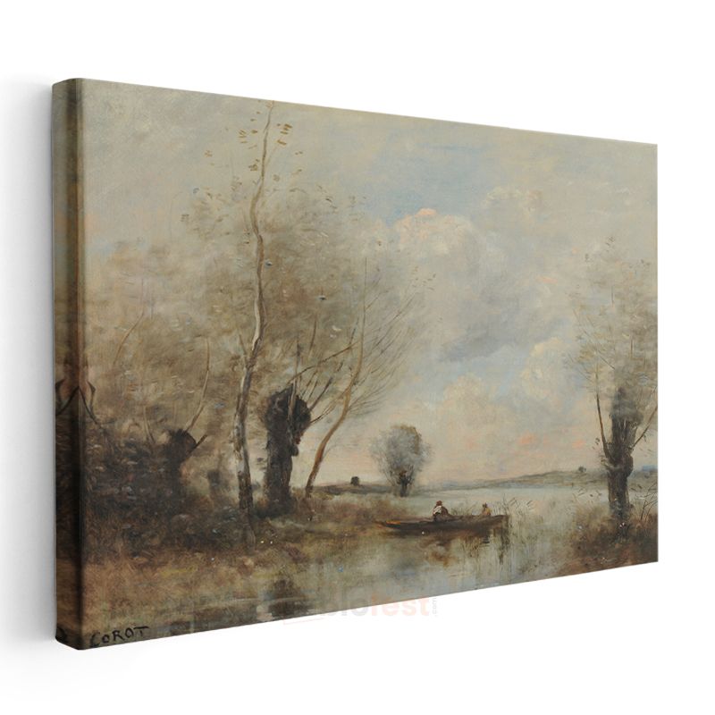 Jean-Baptiste-Camille Corot - Göl Kenarında Tekne Kanvas Tablo