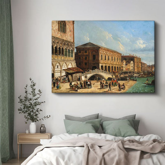 Canaletto - Venedik Rialto Köprüsü Kanvas Tablo