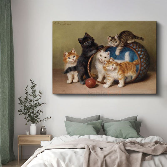 Henriette Ronner-Knip - Sepetteki Yavru Kediler Kanvas Tablo