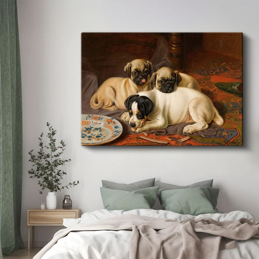 Henrietta Ronner-Knip - Üç Yavru Köpek Kanvas Tablo