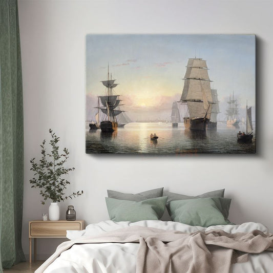 Fitz Hugh Lane - Durgun Denizde Yelkenliler Kanvas Tablo