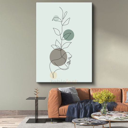 Tek Çizgi Profil - Minimalist Yüz ve Bitki Motifi Kanvas Tablo