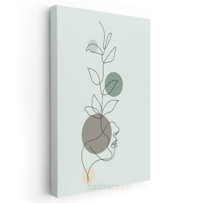 Tek Çizgi Profil - Minimalist Yüz ve Bitki Motifi Kanvas Tablo
