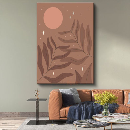 Kozmik Botanik - Minimalist Yaprak ve Ay Harmonisi Kanvas Tablo